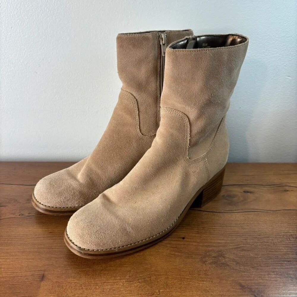 VTG Y2K Candies Suede Ankle Boots Womens 8.5 Tan Beige Block Heel Western Indie